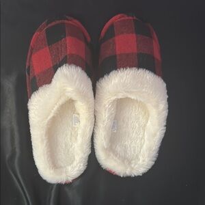 Red and Black Plaid Slippers with White Fur Lining